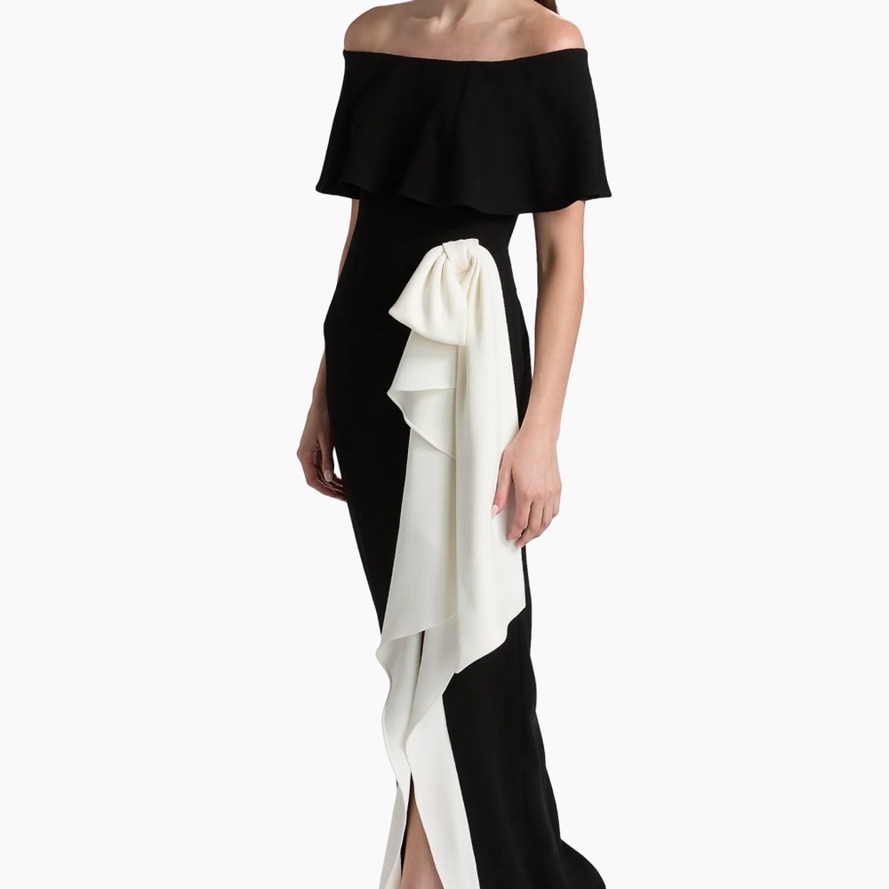 Rickie Freeman for Teri Jon Elegant Black and White Off-shoulder Dress